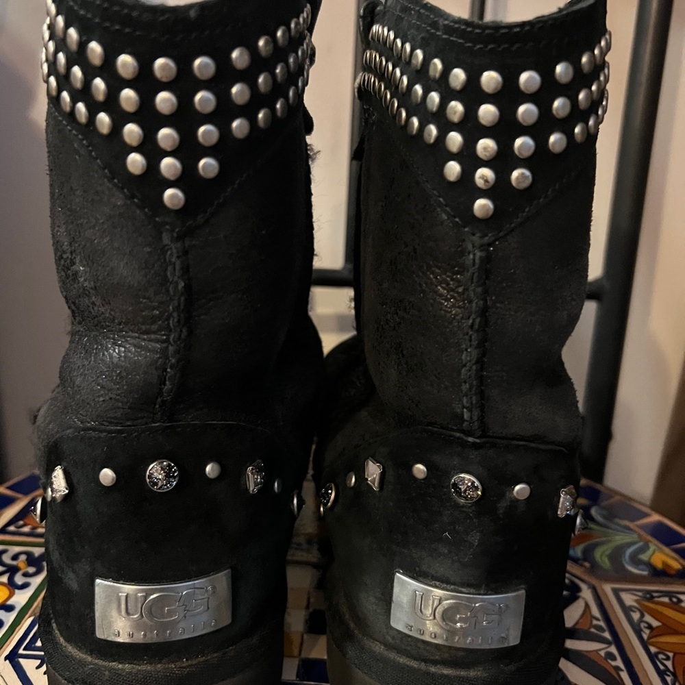 Ugg Boots 11 Studded Crystal Black Bowen Women Sheepskin Shearling Moto Suede